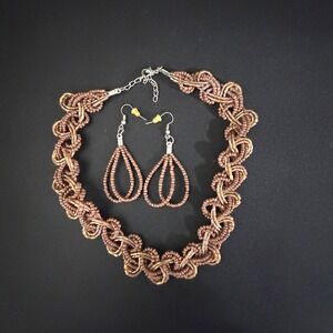Handmade Beaded Necklace and Teardrop Earrings Set Brown Gold Tone‎